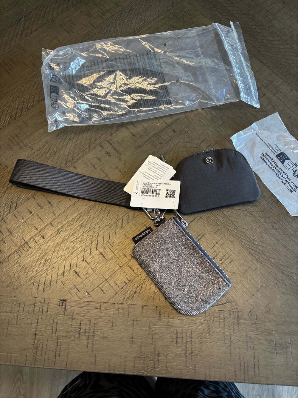 Lululemon Black and Silver Glitter Card dual wristlet